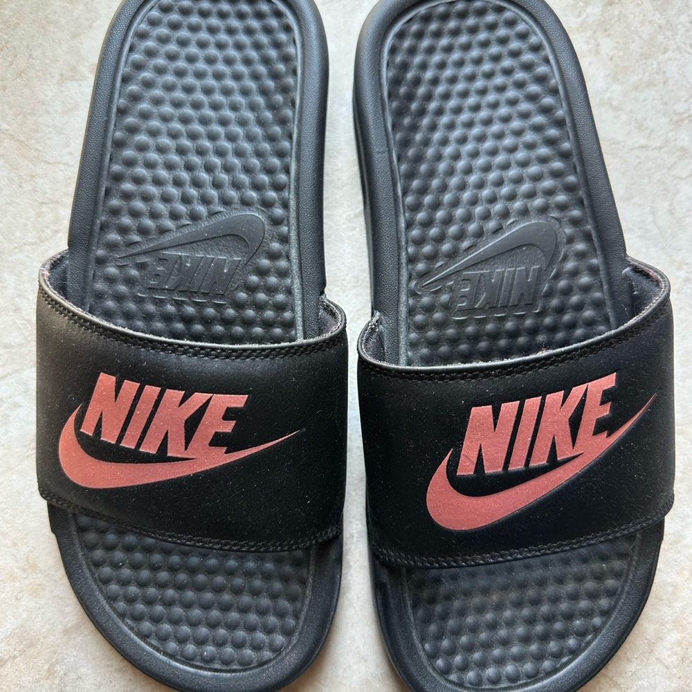 Nike Black Slides with Rose Gold Logo